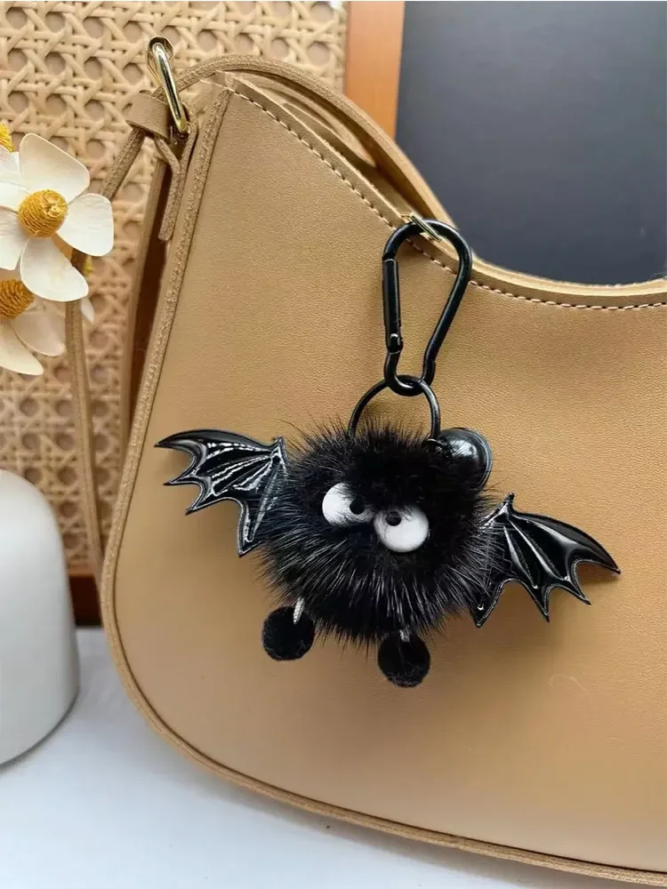 Real Mink Fur Keychains Cute Halloween Imitation Mink Hair Little Devil Bag Pendant Ins Plush Ball Monster Keychain Pendant