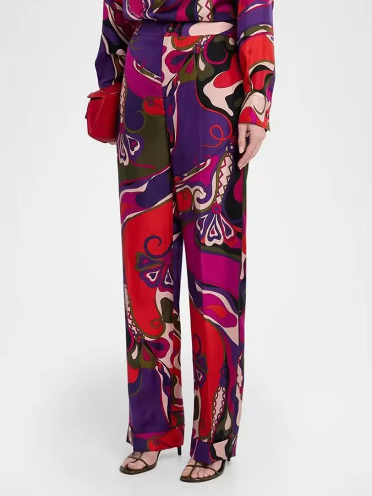 Spring Summer Fashion Vintage Casual Geometric Print Silk Pencil Trousers Women's Middle Waist Slim Pocket Straight Barrel Pants