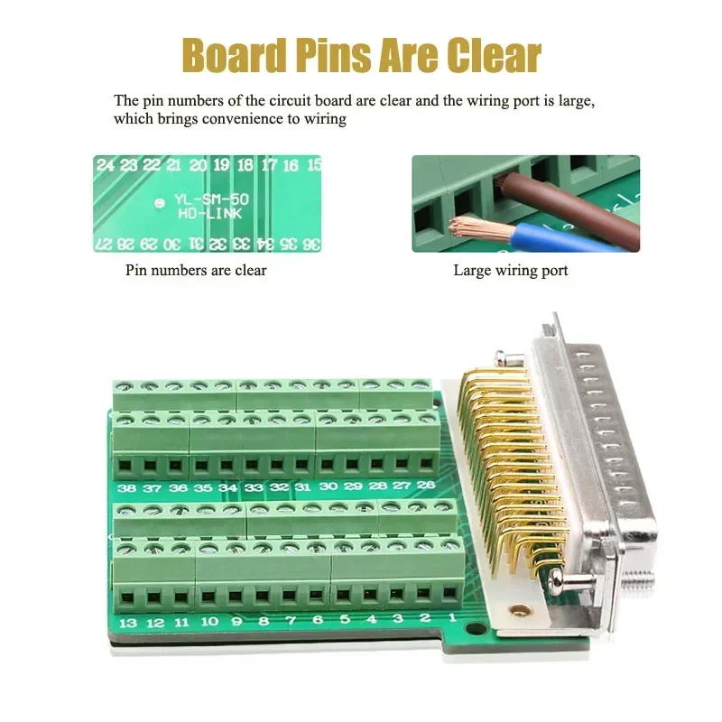 DB50 Pin Solder-Free Head Plug 3 Rows of 50-Pin Connector Welding-Free Solid Needle Female/Male Terminal Board Adapter