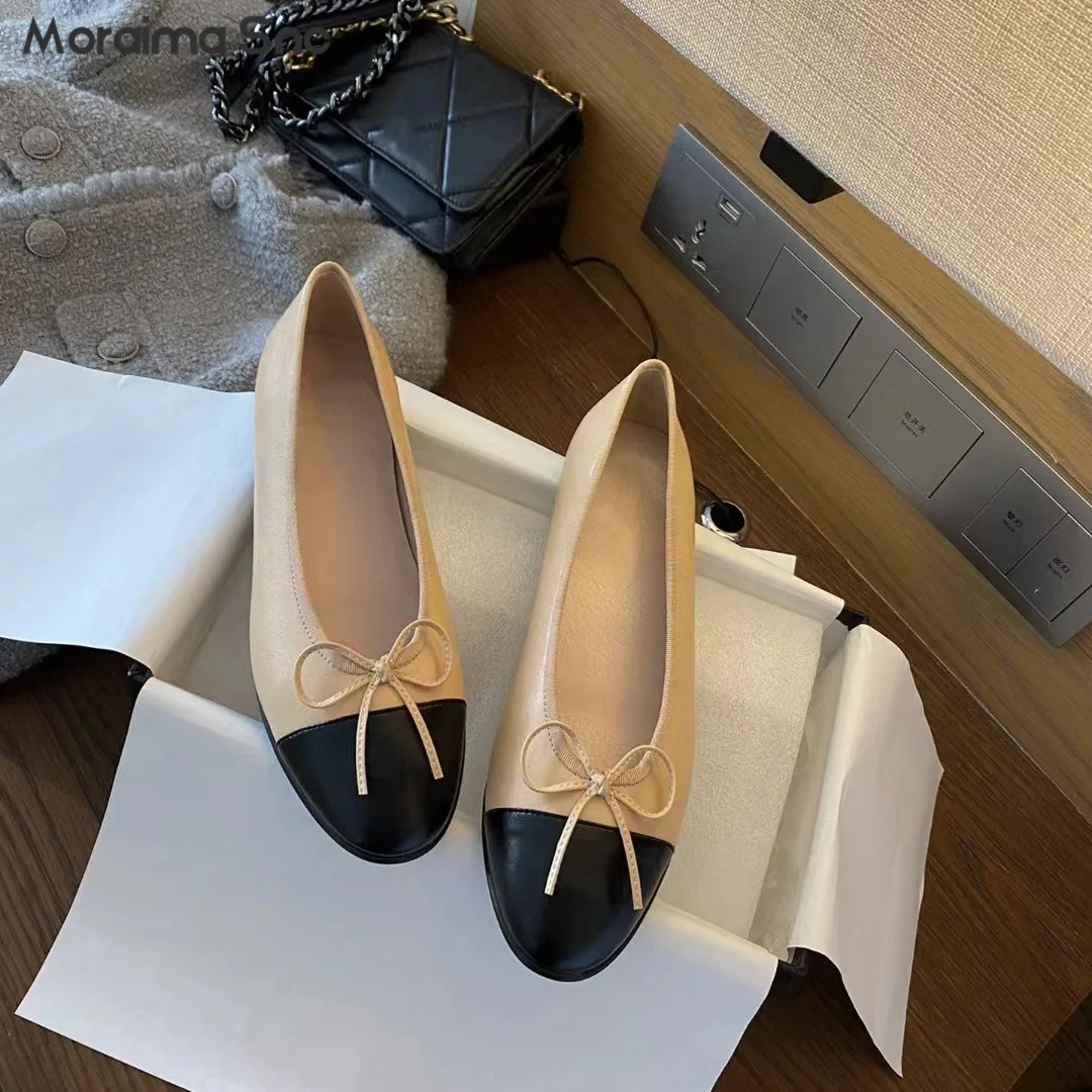 Bow Knot Color Matching Ballet Flats Classic Leather Round Toe Flat Shoes Simple Design Casual Comfortable Fashion Women's Shoes