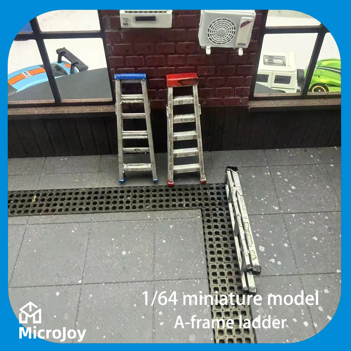 Detailed Scene: 1:64 Scale Miniature Model Repair Shop Mini Stepladder Ornament Hand-Held Ladder Car Model Scene with Vintage Layout