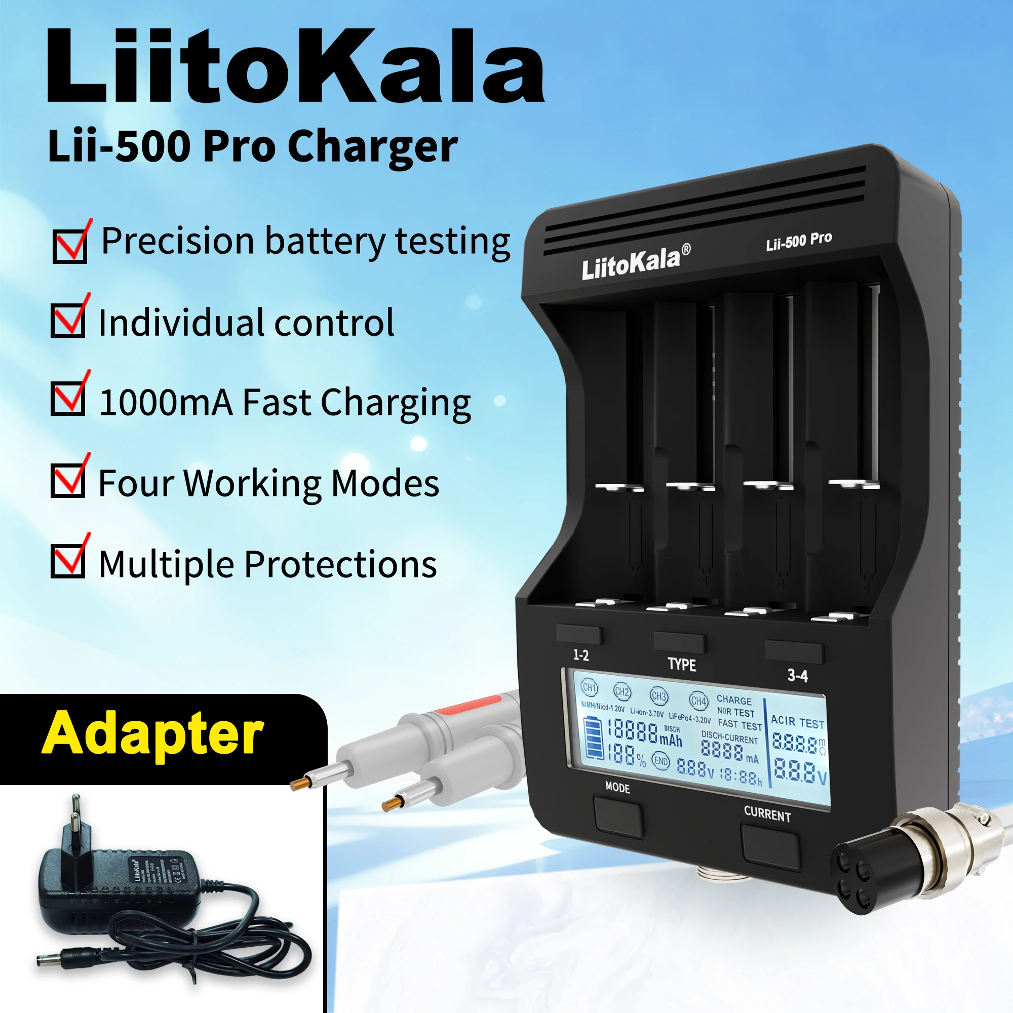 LiitoKala Lii‑500 Pro Smart Battery Charger 4‑Slots IR Tester LCD Display Charge Discharge Capacity Test For 21700 18650 26650 1