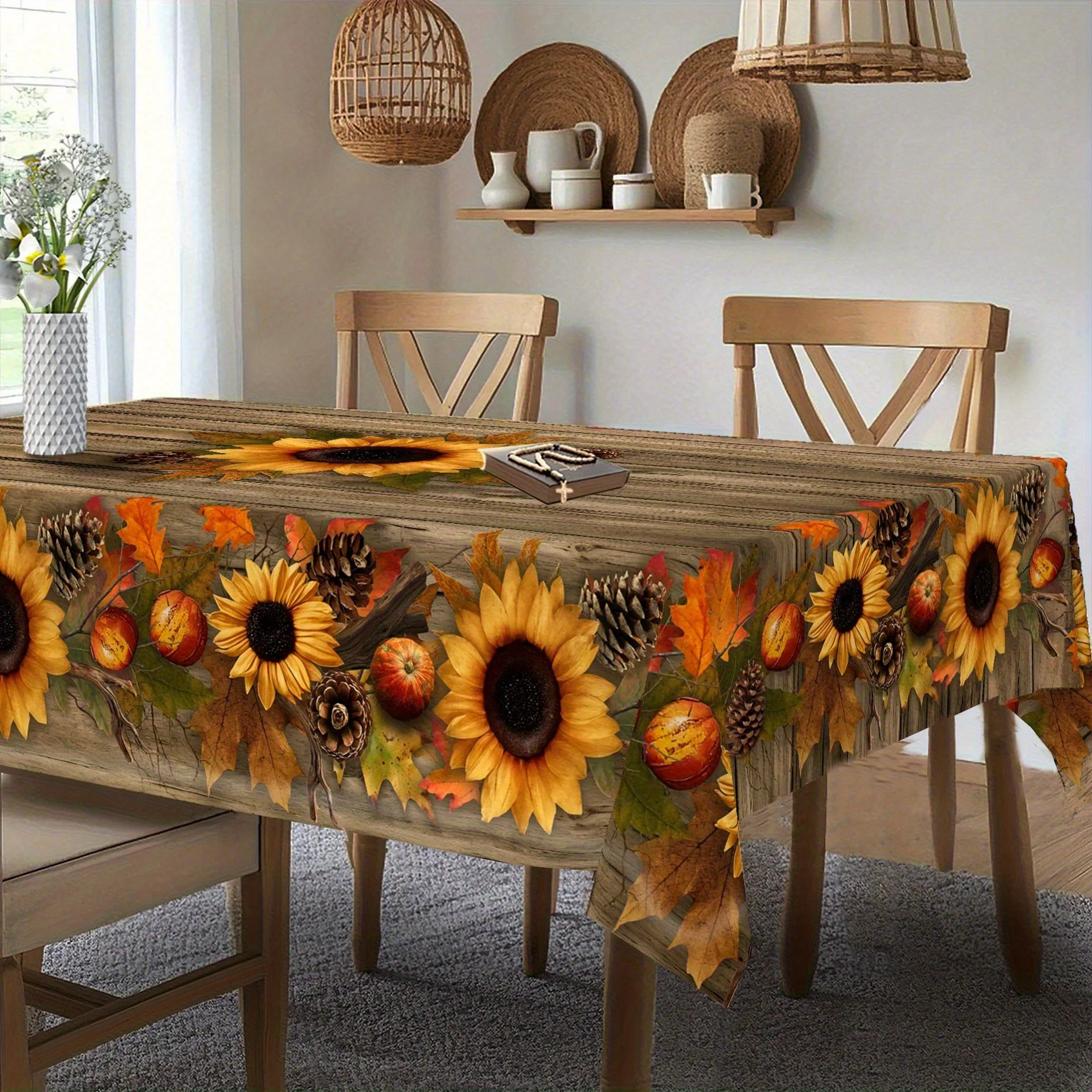One vintage sunflower and pinecone tablecloth - rustic farmhouse style in brown color
