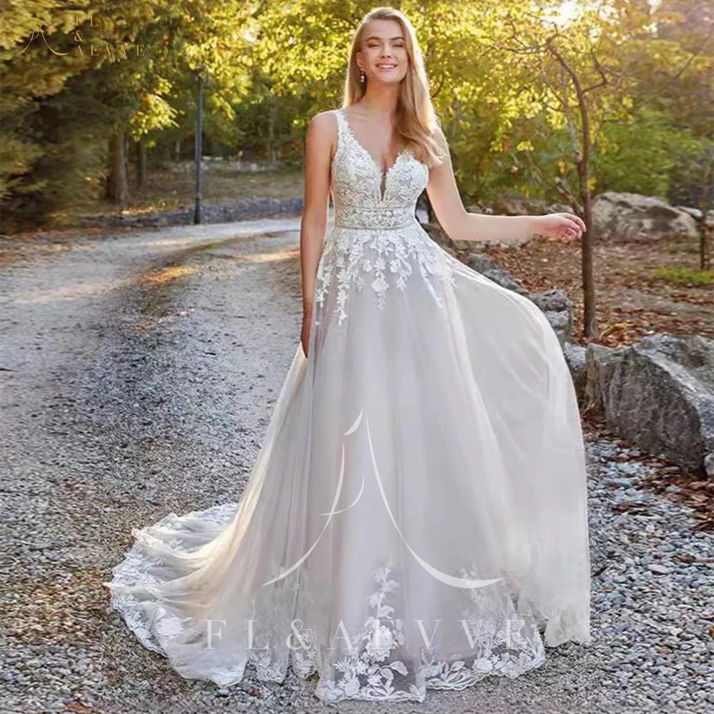 

FL & AEVVE Свадебные платья по индивидуальному заказу Свадебные платья с глубоким v-образным вырезом Кружевное свадебное платье трапециевидной формы Вечернее платье Vestidos de Novia