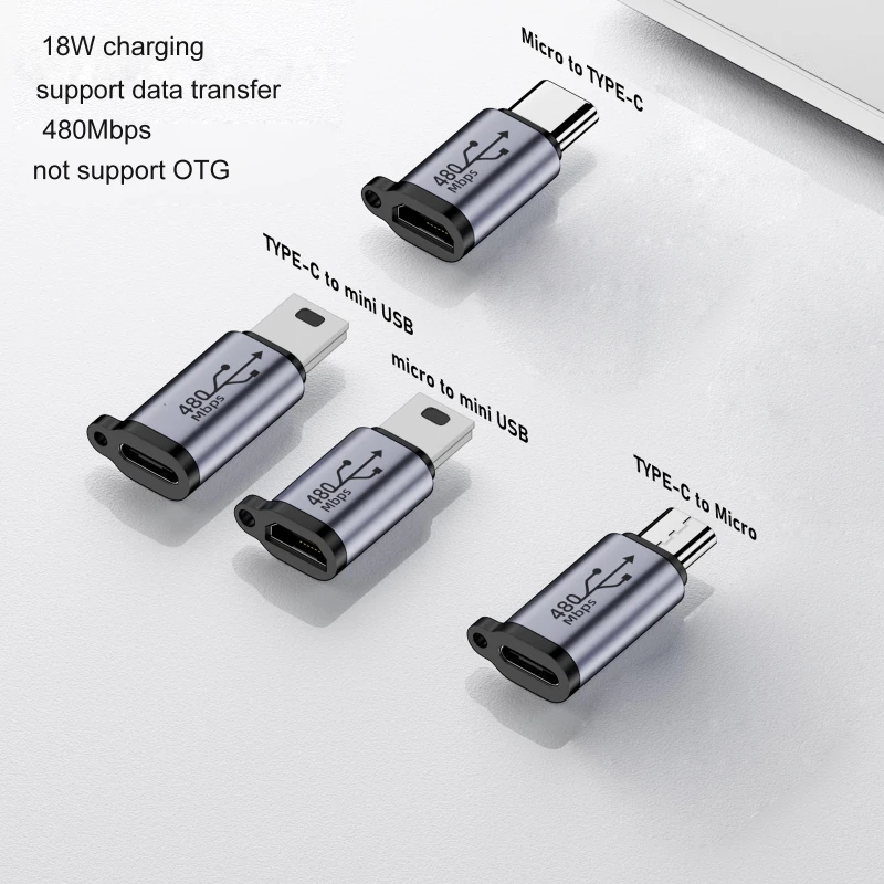 Type-C naar Micro USB Mini USB Adapter Converter 18W Aluminium Connector 480M Dropship