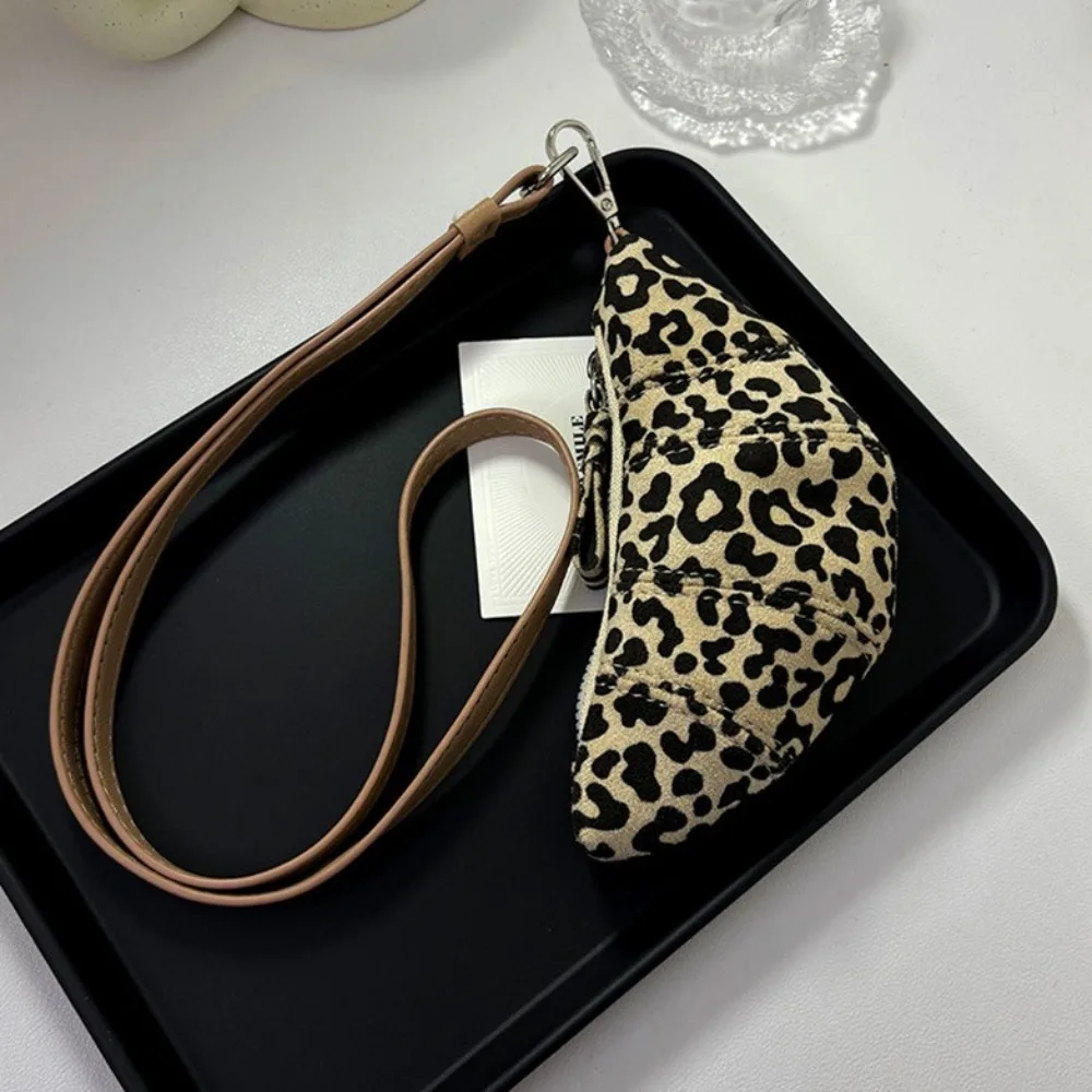 Suede Leopard Print Hanging Neck Bag Y2K Croissant Coin Purse with Lanyard Handbag Korean Style Lipstick Earphone Pouch