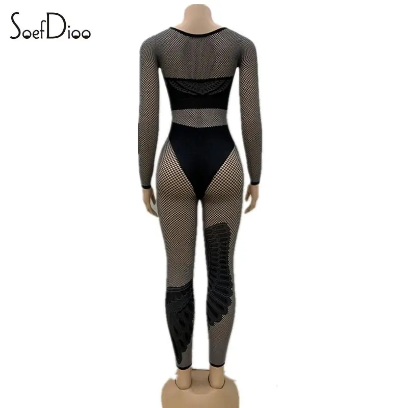 Soefdioo Mesh Hollow Out Rhinestone Jumpsuits Women Sexy O-Neck Body-Shaping See Through One Piece Rompers 2024 Fall Clubwear