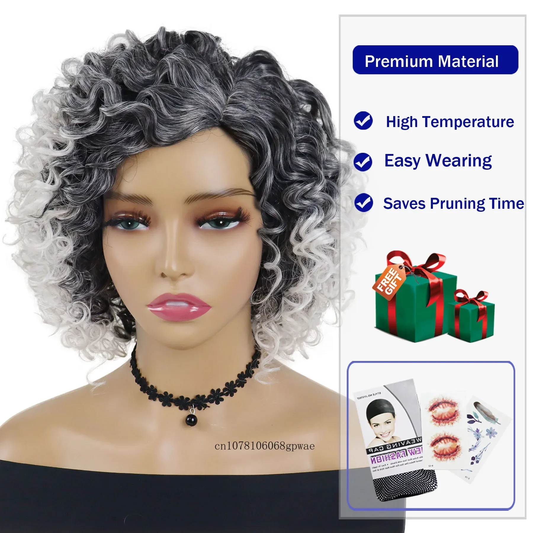 Peluca de pelo sintético para mujer mayor, pelucas Afro grises ombré blancas para mujer, peluca corta rizada hinchable con flequillo, disfraz de Cosplay para fiesta diaria