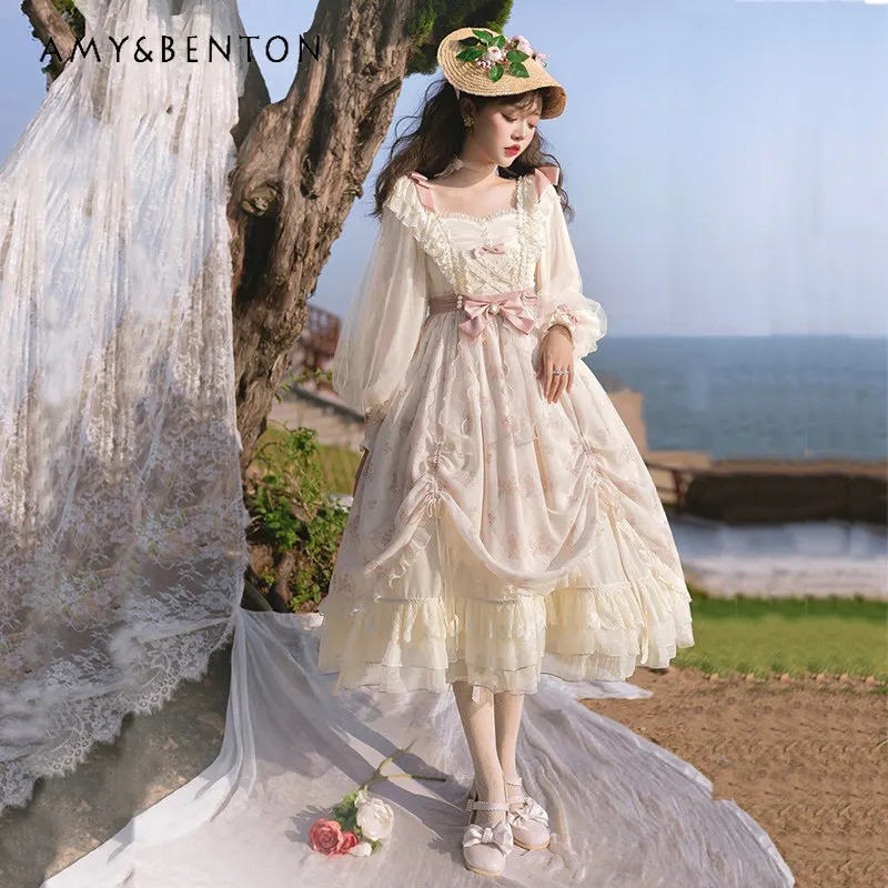 

Spring and Autumn New French Style Elegant Women's Long Sleeve Slim Fit High Waist Beige Floral Print Lolita Dress