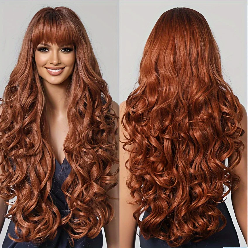28-inch Women's Long Wavy Wig with Bangs | Voluminous Waves, Mechanical Headband and Rose Hairpiece