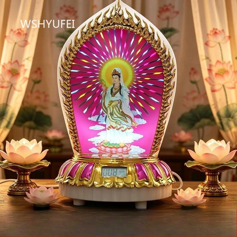LED Avalokitesvara Buddha Player Built-in 128 Buddhist Songs Lotus Base Guanyin Statue Hymn Player For Home Altar Worship