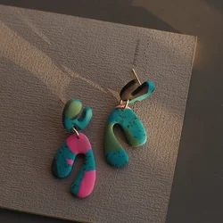 Dark Colors Stone Marble Effect Polymer Clay Earrings Set Unusual Irregular Lightweight Turquoise Jewelry Gift for Ladies