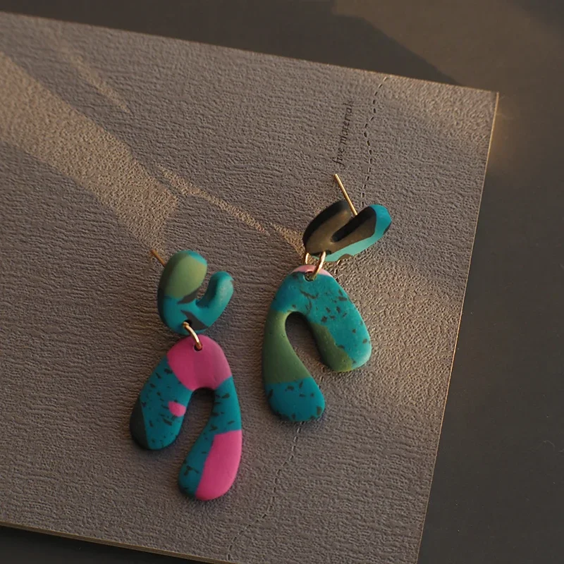 Dark Colors Stone Marble Effect Polymer Clay Earrings Set Unusual Irregular Lightweight Turquoise Jewelry Gift for Ladies