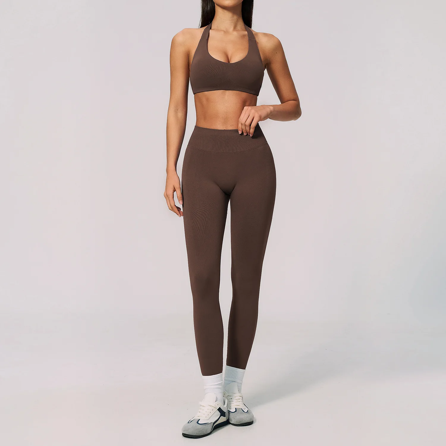 Women Seamless Ribbed 2 Piece Yoga Set Halter Bra Scrunch Butt Pants Shorts Fitness Pilates Gym Yoga Slothing Workout Training