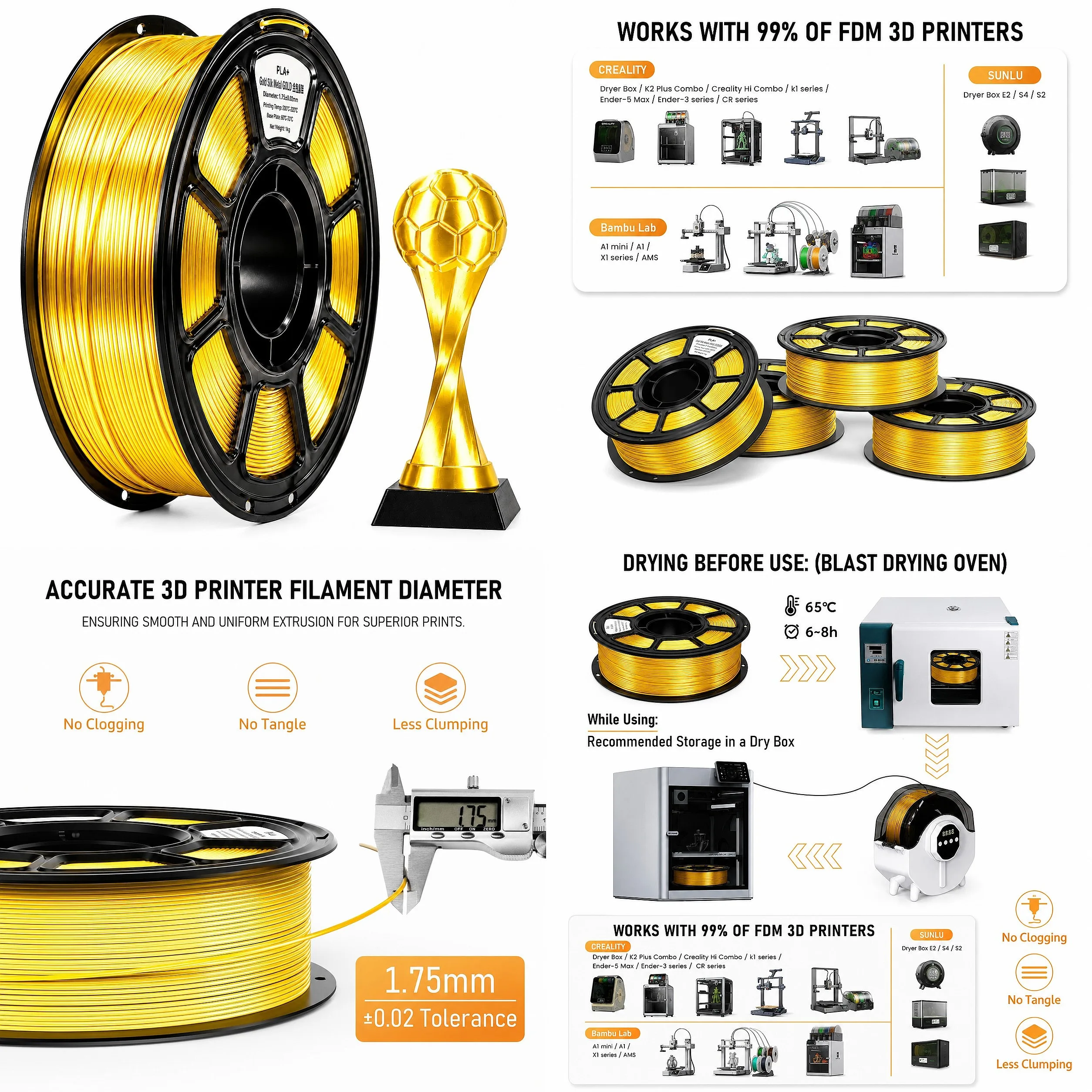 PLA Silk 3D Printer Filament Shiny Bright Gold 1.75mm Diameter 1kg Pla Filament
