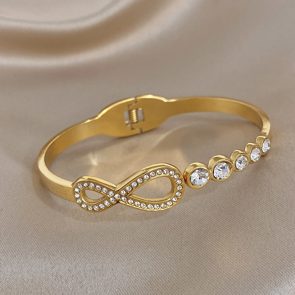 

Freetry Retro Irregular Geometry Stainless Steel Bangle for Women Rhinestone Waterproof Spring Cuff Bracelet Party Jewelry Gift