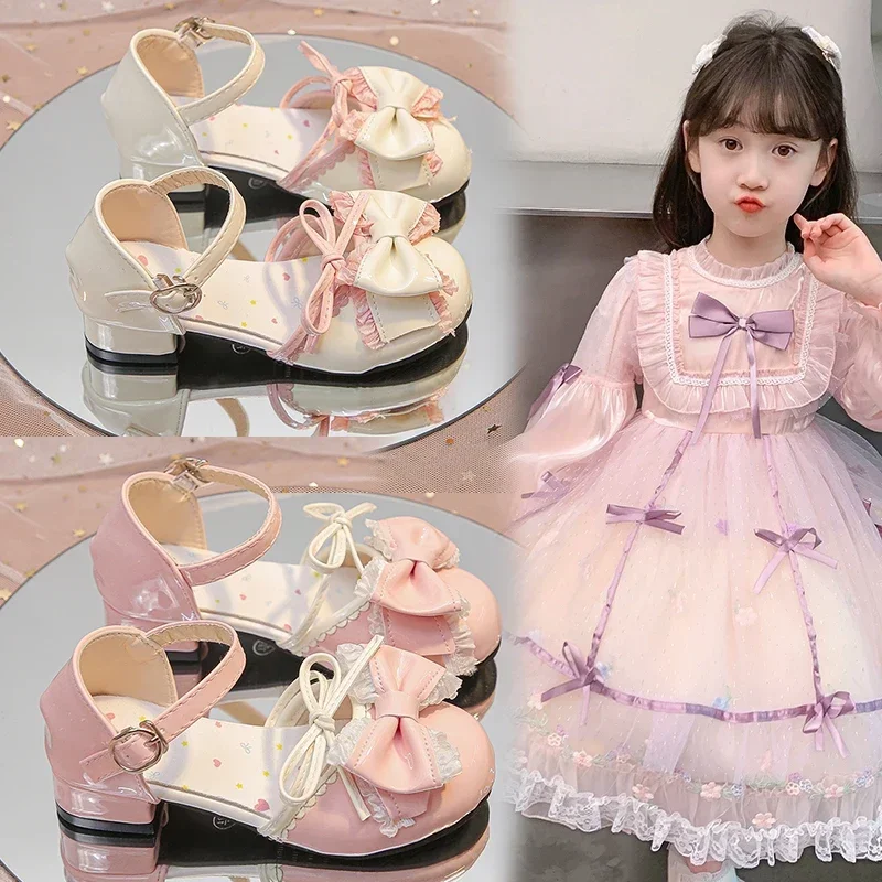 

2026 Summer Girls Princess High Heeled Sandals Lolita Sweet Lace Bows Kids Dance Shoes Children Half Sandals Elegant Chic 26-36