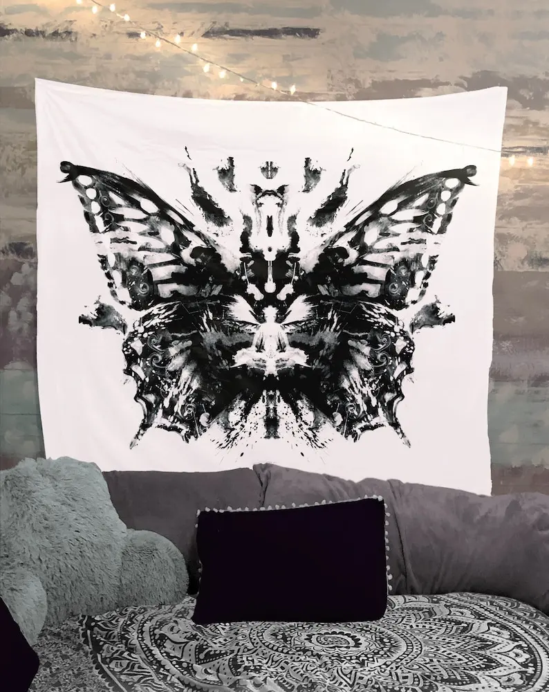 Butterfly Inkblot Tapestry Wall Hanging Black and white Meditation Yoga Grunge Hippie