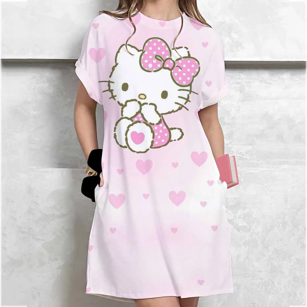 فستان نسائي صيفي تي شيرت كاجوال برقبة دائرية وأكمام قصيرة مطبوع عليه مرحبا كيتي فساتين صغيرة كورية ضيقة