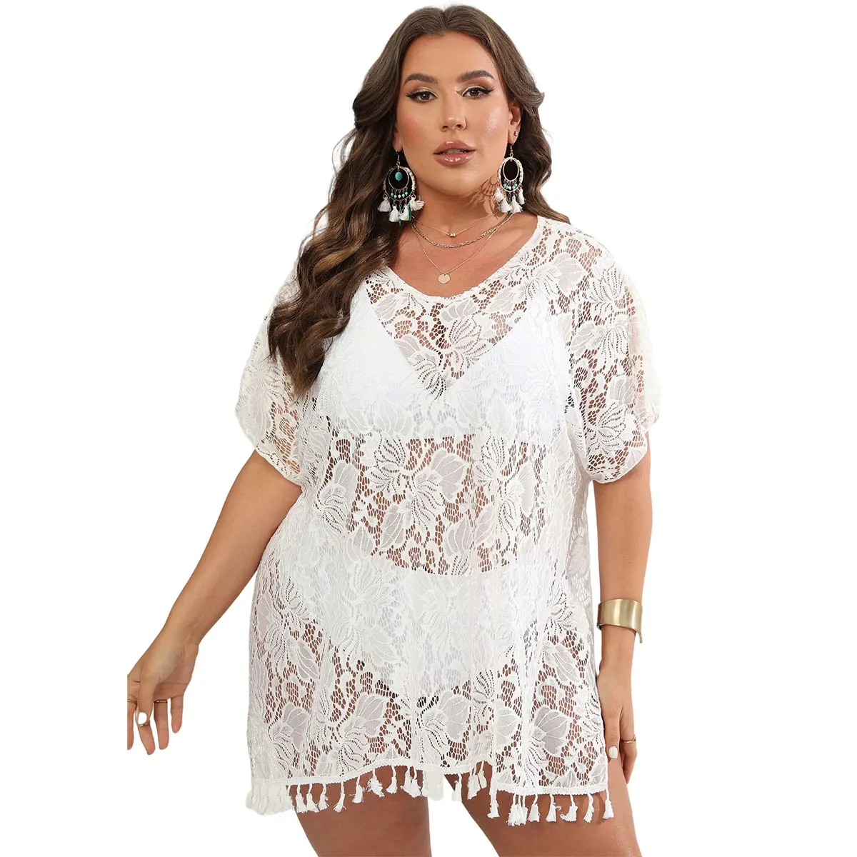 Plus Size Women's Oversize Lace Floral Mini Beach Dress Hollow out Short Sleeve Tassels Split Swimsuit Cover-Up Sundress