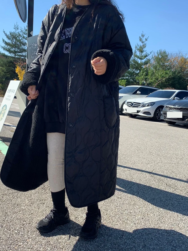 الرجعية زر واحد خروف الفراء طوق منتصف طول القطن Jaet المرأة شيك تنوعا Ele Sle معطف الشتاء