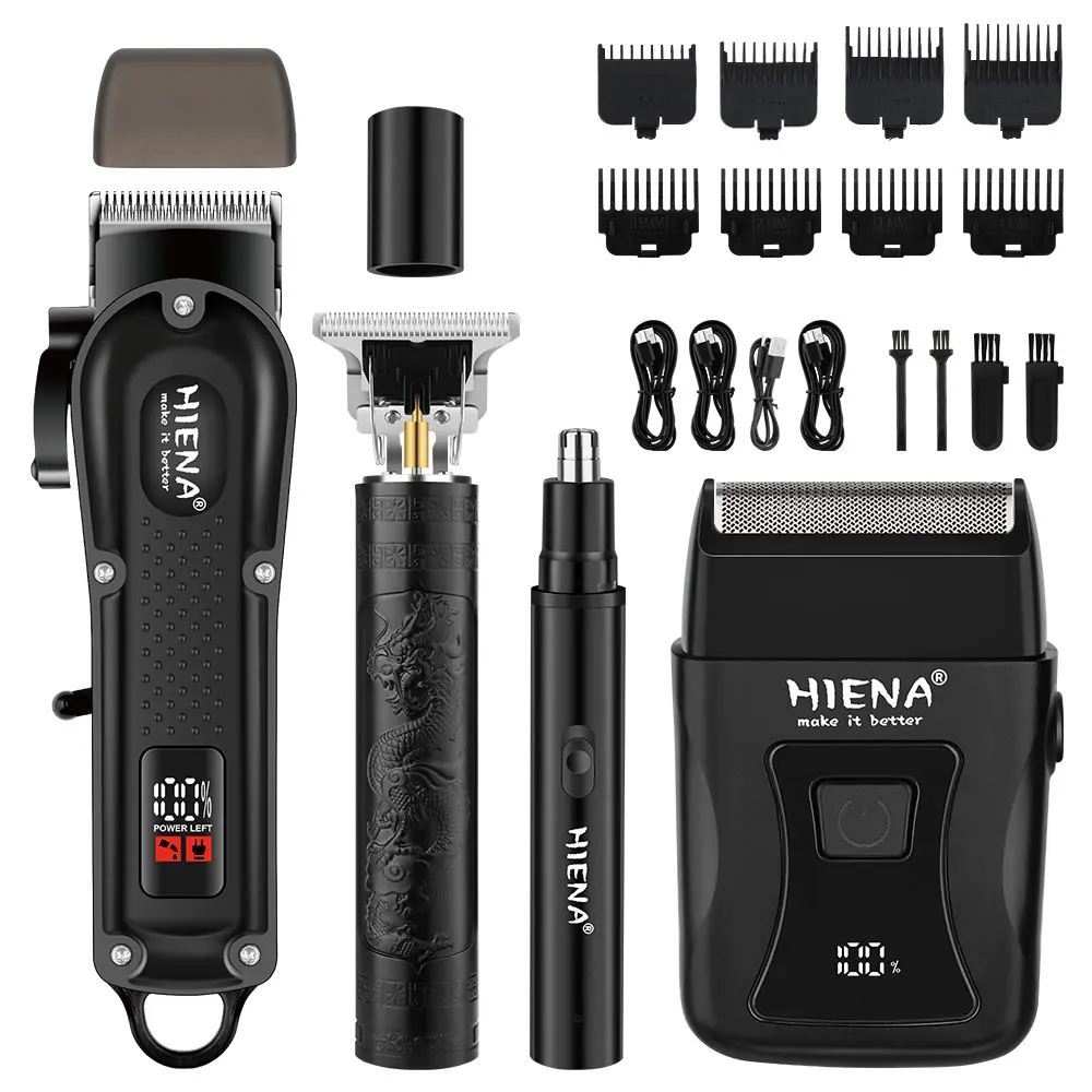 HIENA 4-in-1 Men's Grooming Kit Cordless Hair Clipper, Trimmer, Foil Shaver & Nose Trimmer USB Rechargeable LCD Display