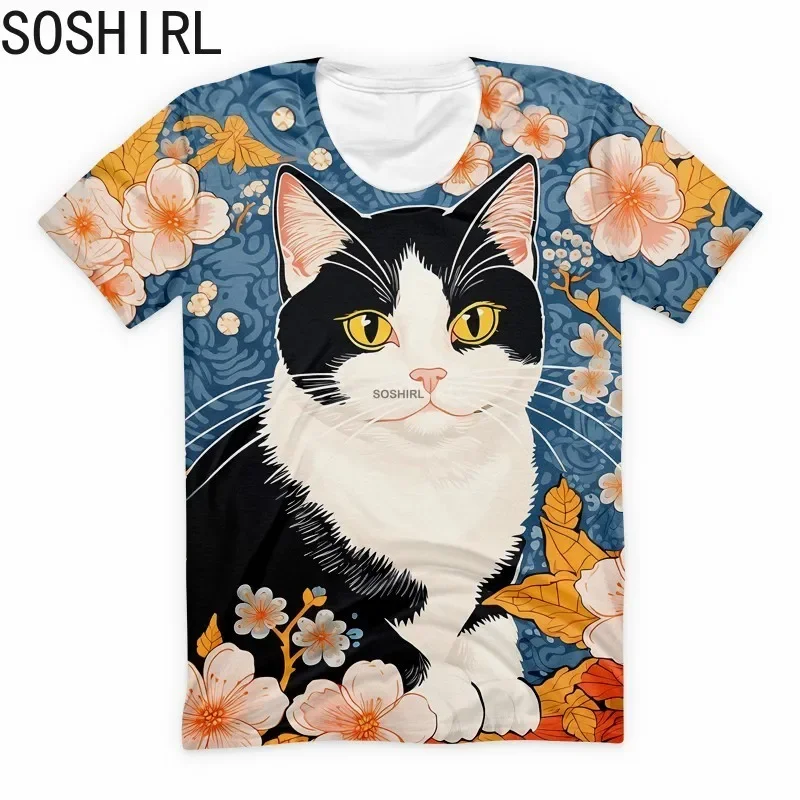 Funny Japanese Ukiyo-e Cat Art Vintage T Shirt Kawaii Harajuku Streetwear Anime Short Sleeve Summer Couple T-shirts Casual Tops