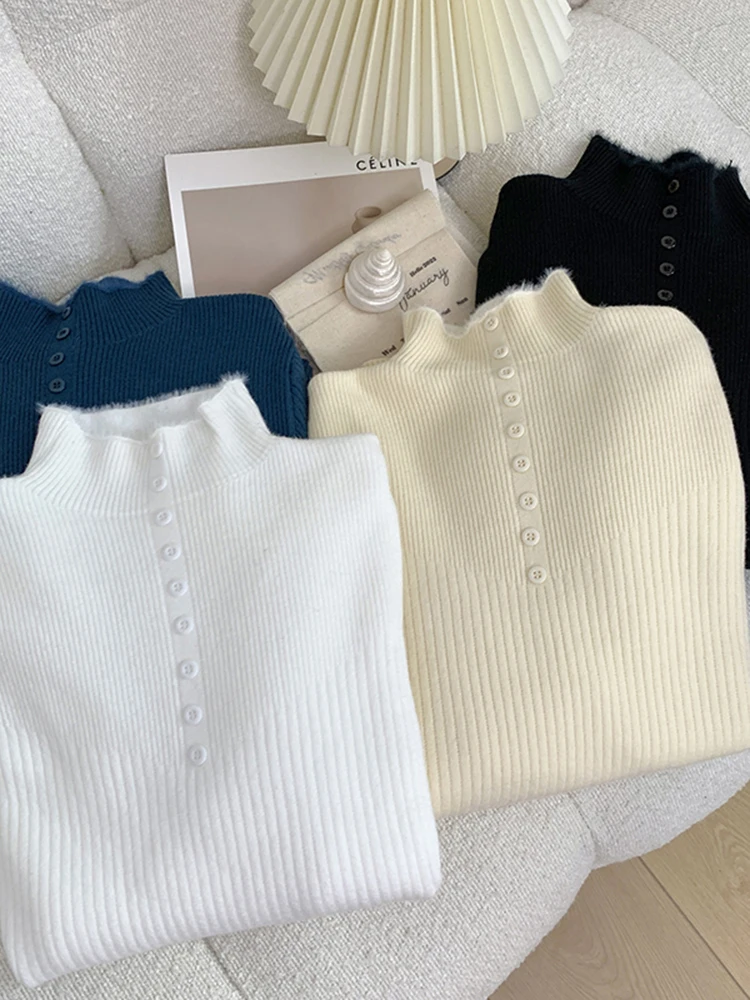เสื้อสเวตเตอร์ถักคอสูงแฟชั่นสำหรับผู้หญิง ผ้าถักเนื้อนุ่ม อุ่นสบายสำหรับฤดูหนาว ซับในด้วยผ้าขนสัตว์เทียม  ชั้นในทันสมัย
