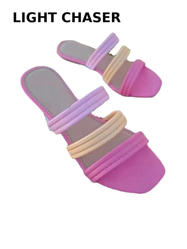 2022 Summer New Style Flip-flops Square Head Flat Bottom Simple Color Matching Beach Slippers Women's Fashion Outdoor Sandals