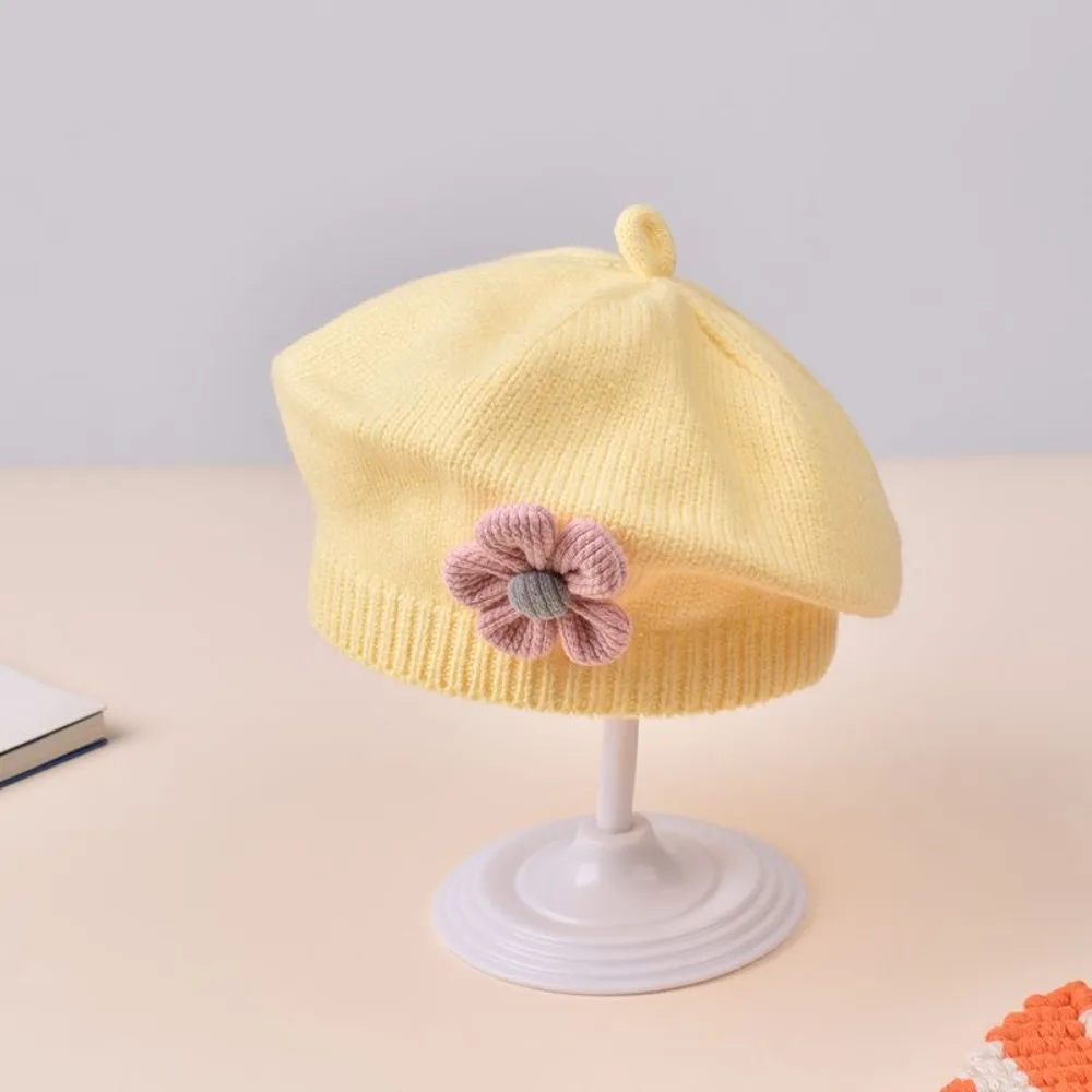 

Cute Flower Baby Beret Hat Korean Winter Warm Artist Painter Caps Artist Solid Color Baby Knitted Hat For Infant Girls
