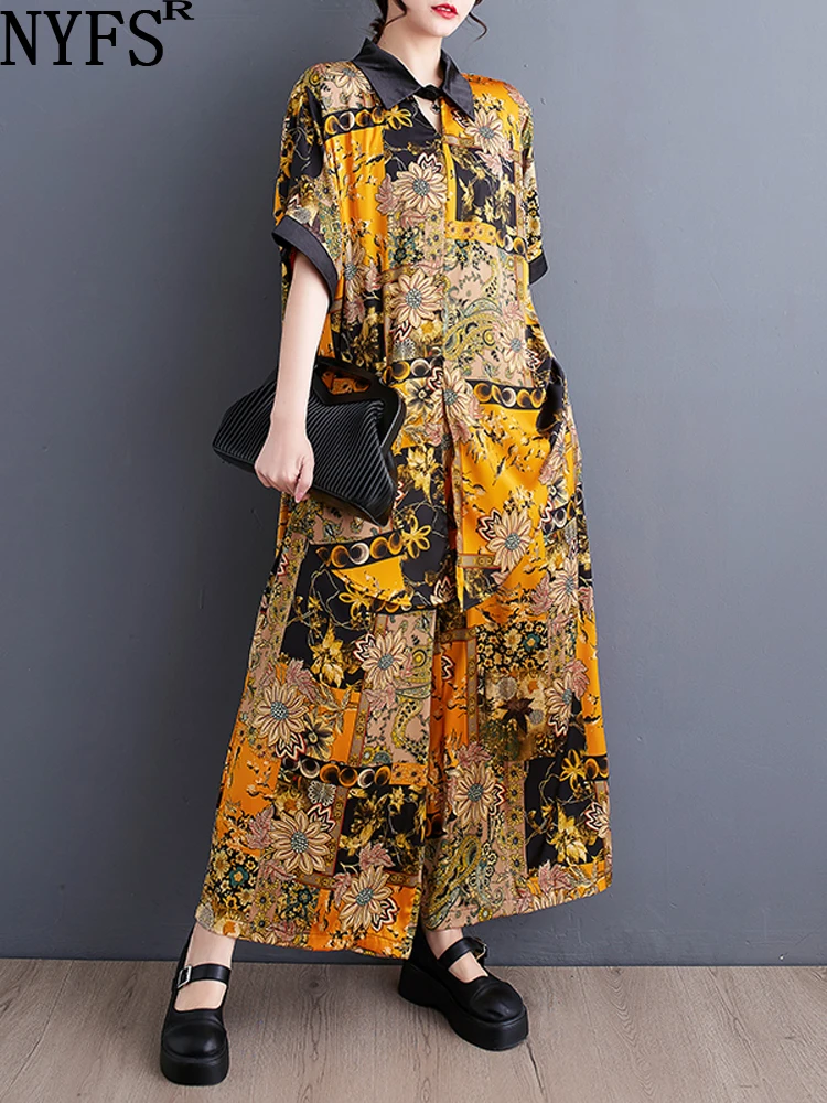 

NYFS 2023 Summer New Chinese Style Woman Set loose Plus Size Print Short Sleeve Shirt+Wide Leg Pants 2 piece set Women Suit