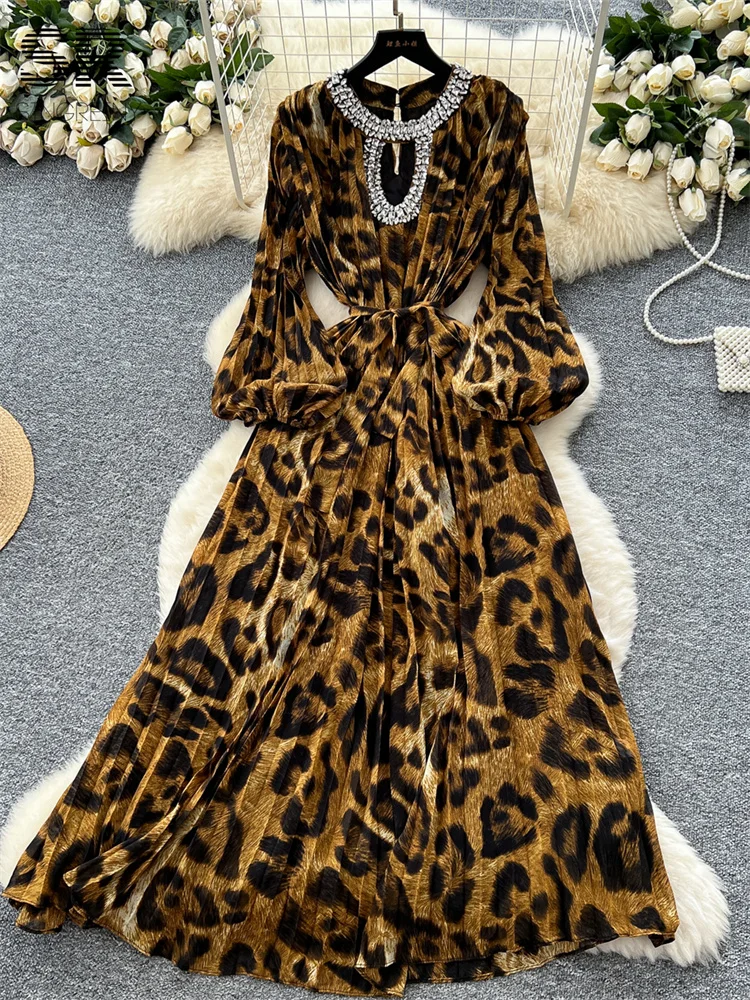 SINGREINY Leopard Diamonds Party Dress High Quality Senior Lantern Sleeves Sundress Summer Women Vintage Luxury Print Dresses