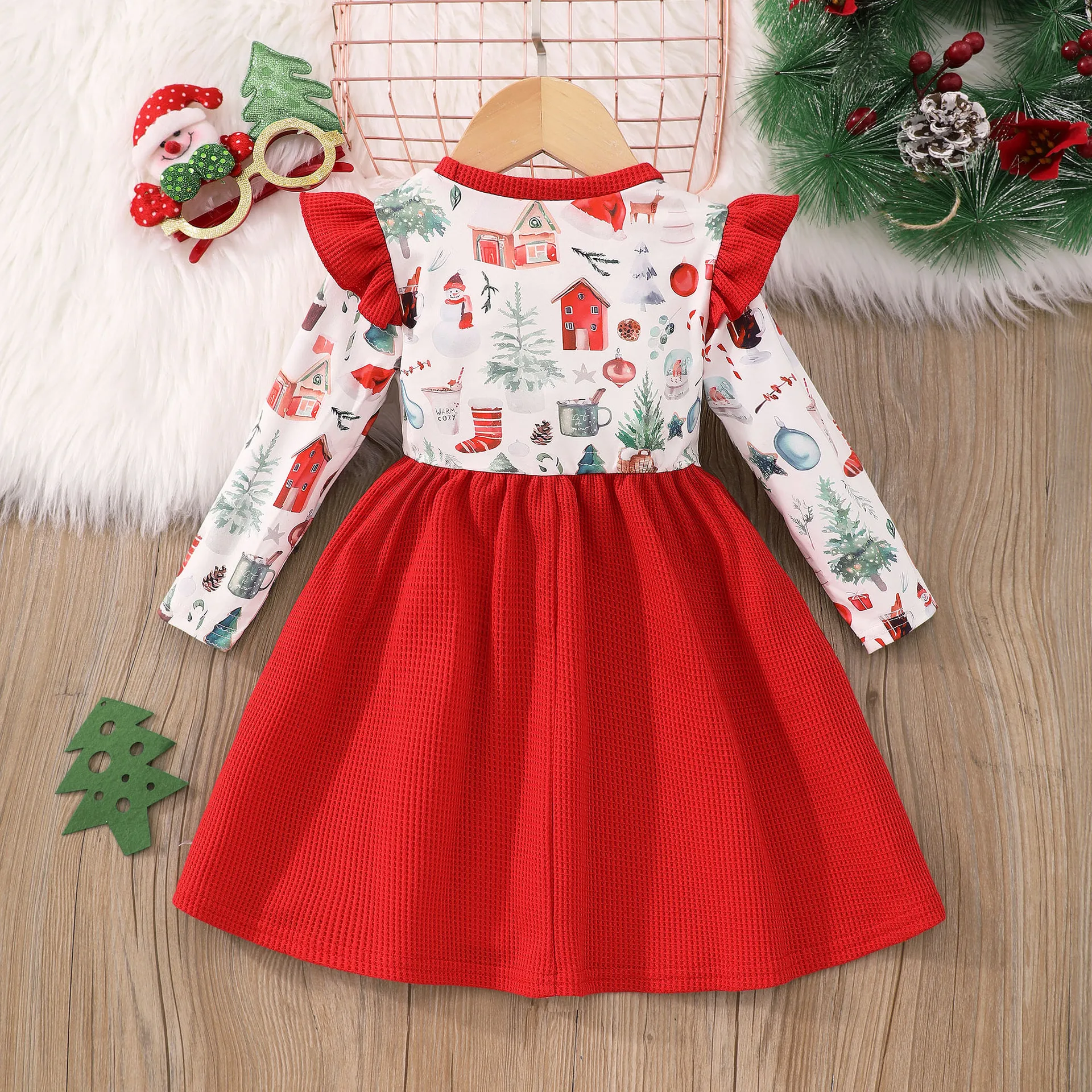 Children's dress New girls' long sleeve Christmas Snowman floral pattern daily casual dress size 90-130 1-8 years old