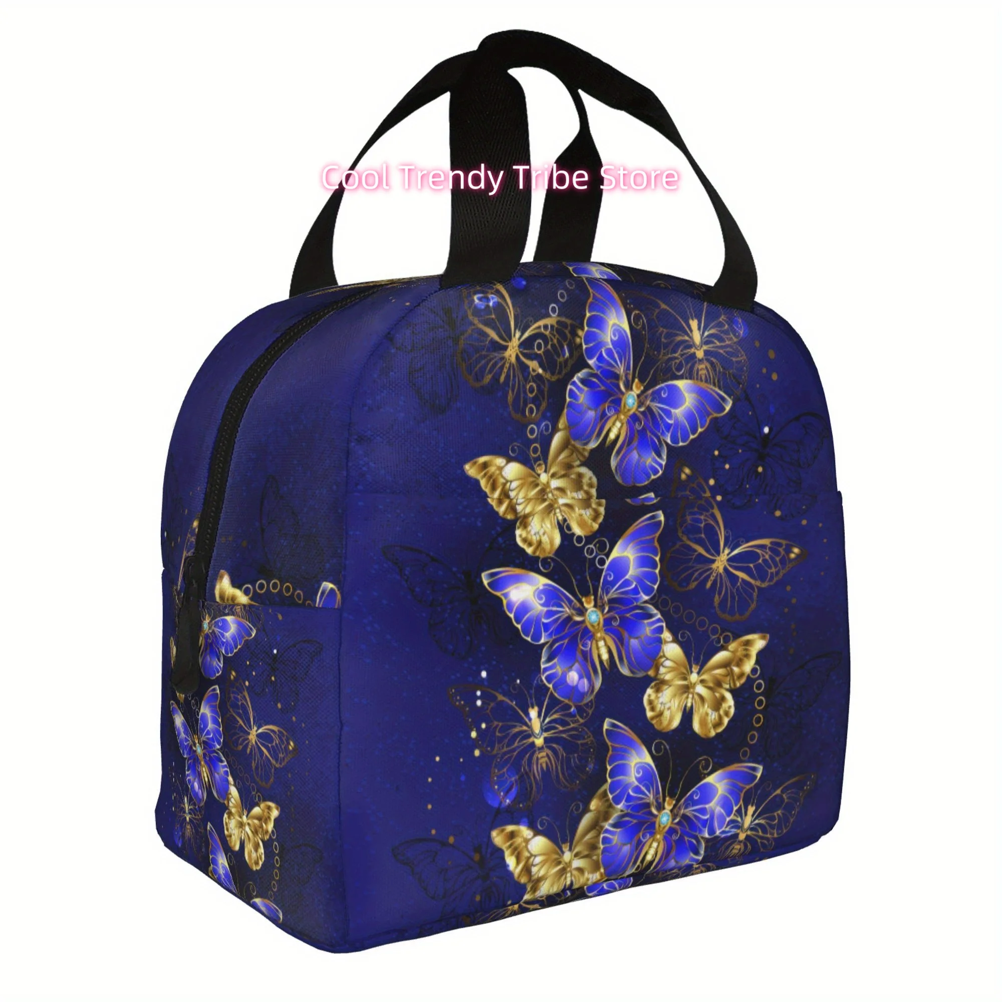 1pc Blue and Golden Butterfly Pattern Reusable Cooler Bag with Top Handle - Stylish Lunch Bag for Office, Outdoor, Beach Essenti