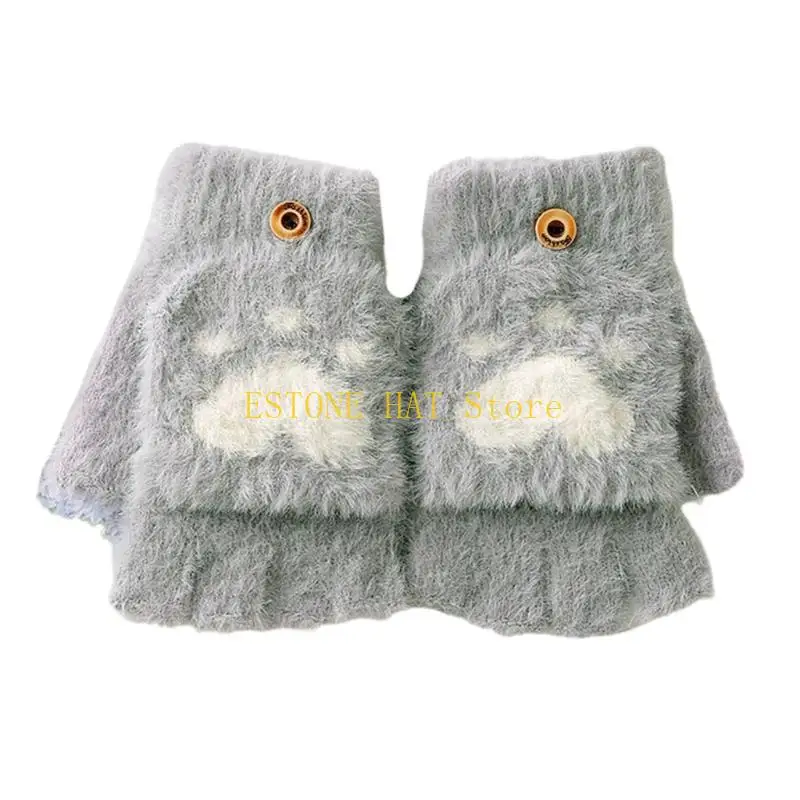 49MF Fuzzy Cats Claw Pattern Gloves Cartoon Knitted Fingerless Gloves with Top Soft Gloves Stretchy Glove for Women