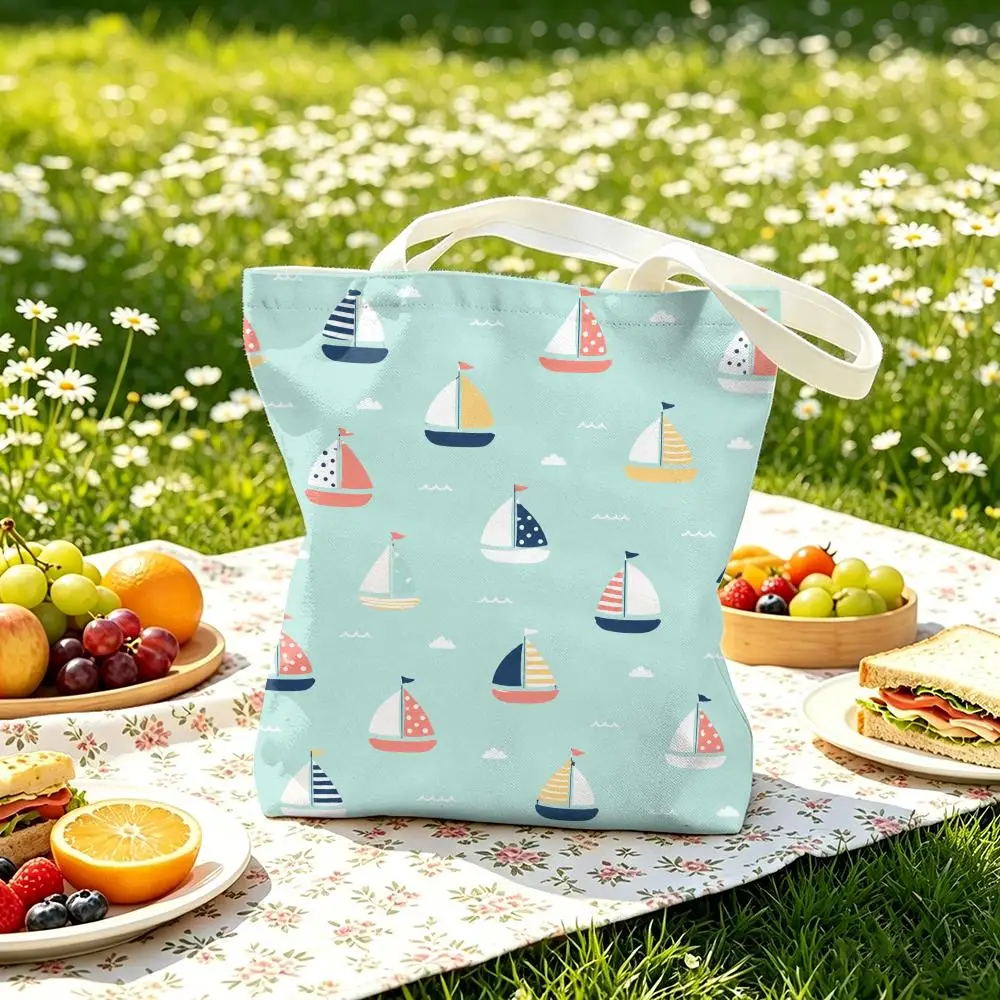 Drifting Small Boat Storage Bags Canvas Double-Sided Print Women Large Tote Bag Durable Beach Picnic Foldable Gift Eco