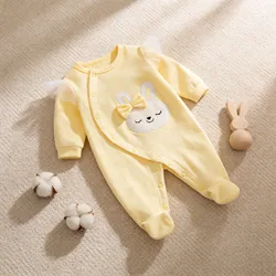 Newborn baby girl spring & fall jumpsuit with long sleeves pure cotton cute yellow cartoon embroidered rabbit