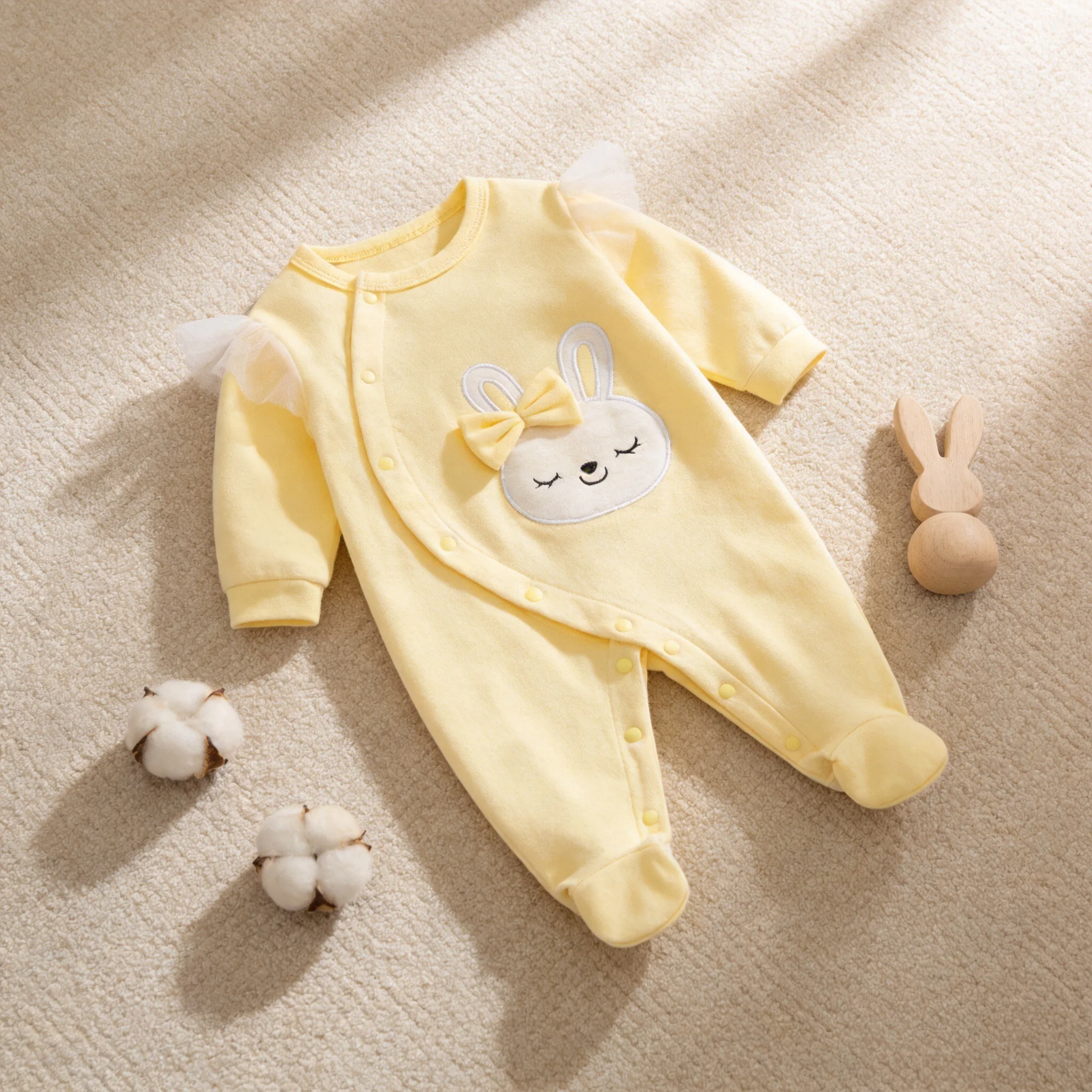 Newborn Baby Girl Spring & Fall Jumpsuit with Long Sleeves Pure Cotton Cute Yellow Cartoon Embroidered Rabbit