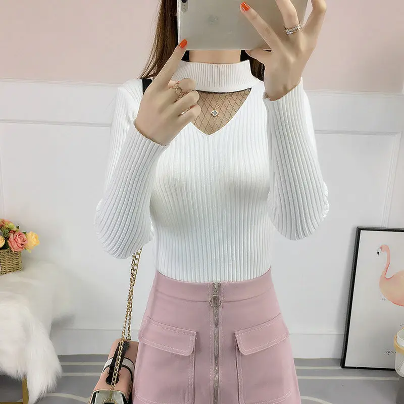 Five Colors Thick Gauze Spliced Knitting Sweaters Korean Half Height Collar Sexy Slim Hollow Out Trend Women\'s Clothing Pretty