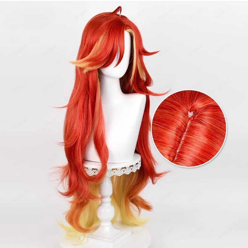 Mavuika Cosplay Wig Game Long Curly Wave Red Yellow Mixed Wig Heat Resistant Synthetic Hair Halloween Anime Wigs + Wig Cap