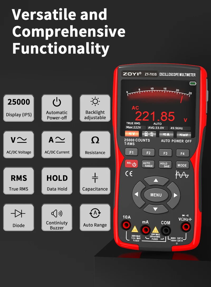ZOYI ZT-703S 3-in-1-Oszilloskop-Multimeter mit 3,5-Zoll-IPS-Display, 25000 Zählungen, Zweikanal, 50 MHz Bandbreite, 280 MSa/s hoch – Detail 15
