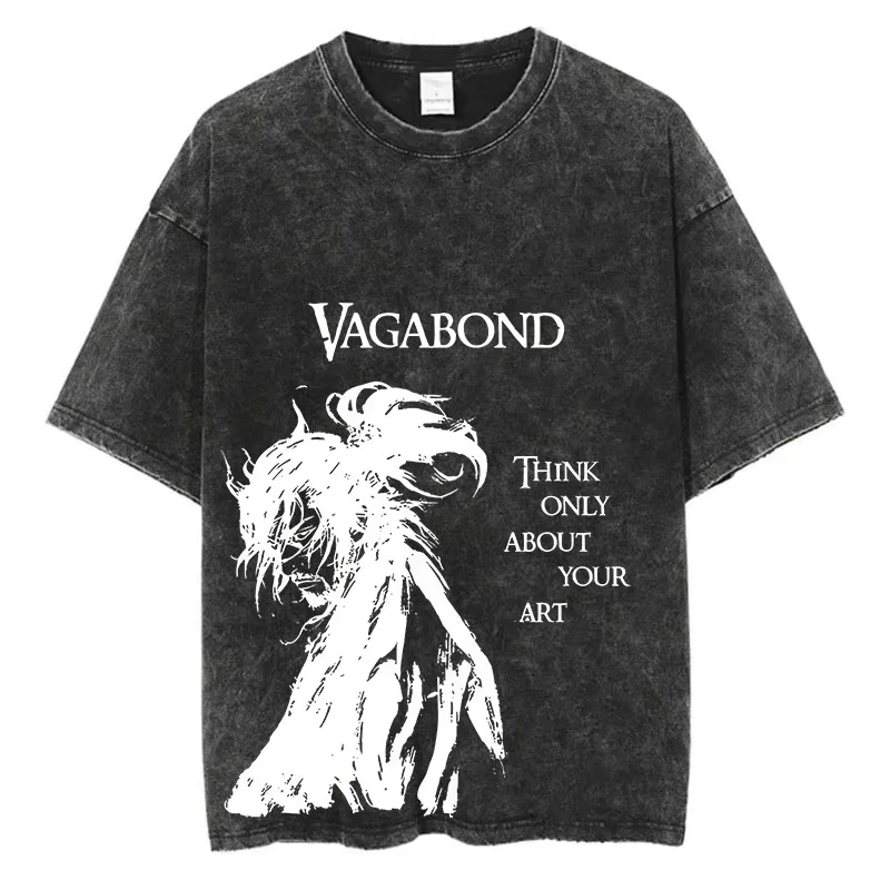Unisex Vagabond Anime Graphic Vintage Washed Black T-Shirt Harajuku Streetwear Short Sleeve Summer Casual Tops,Heavy Cotton
