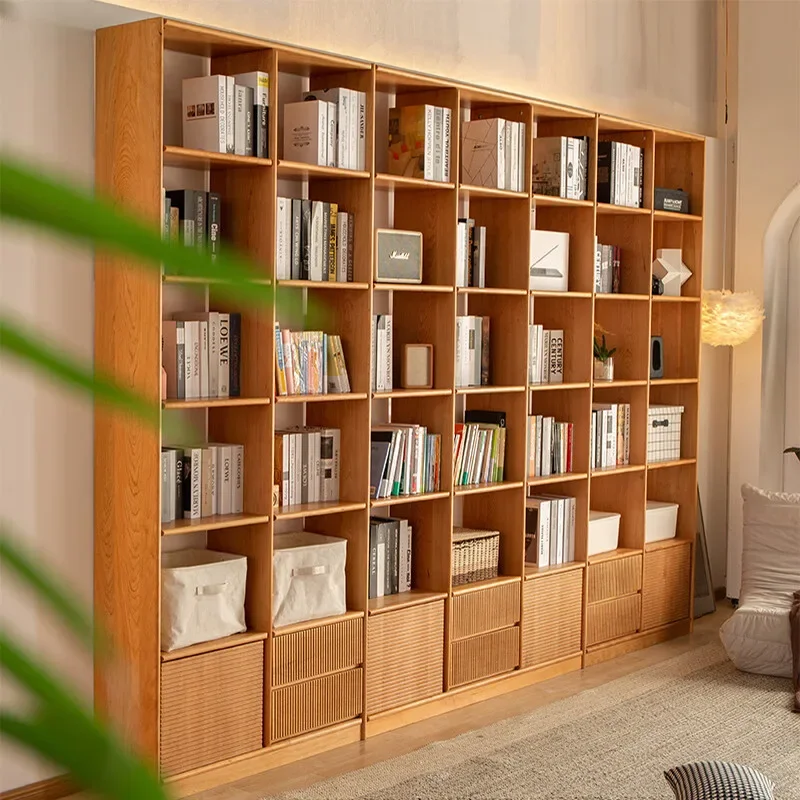 Nordic solid wood walnut bookcase study bookcase living room whole wall combination cabinet Japanese cherry wood floor cabinet