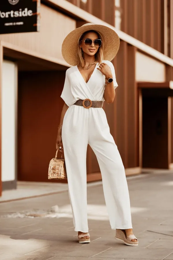 Spring Summer Jumpsuit For Women New Short-sleeved V-neck Bat Sleeve Jumpsuit Elegant Elastic Waist Jumpsuit With Belt