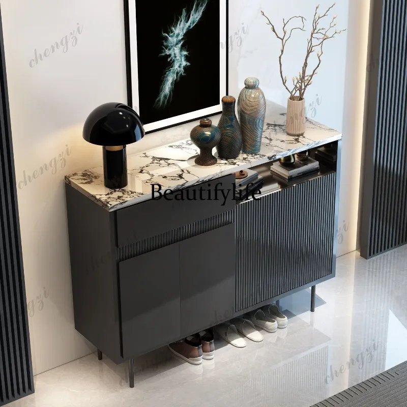 Italian light luxury marble shoe cabinet, living room storage decorative side cabinet, antique solid wood entrance door cabinet