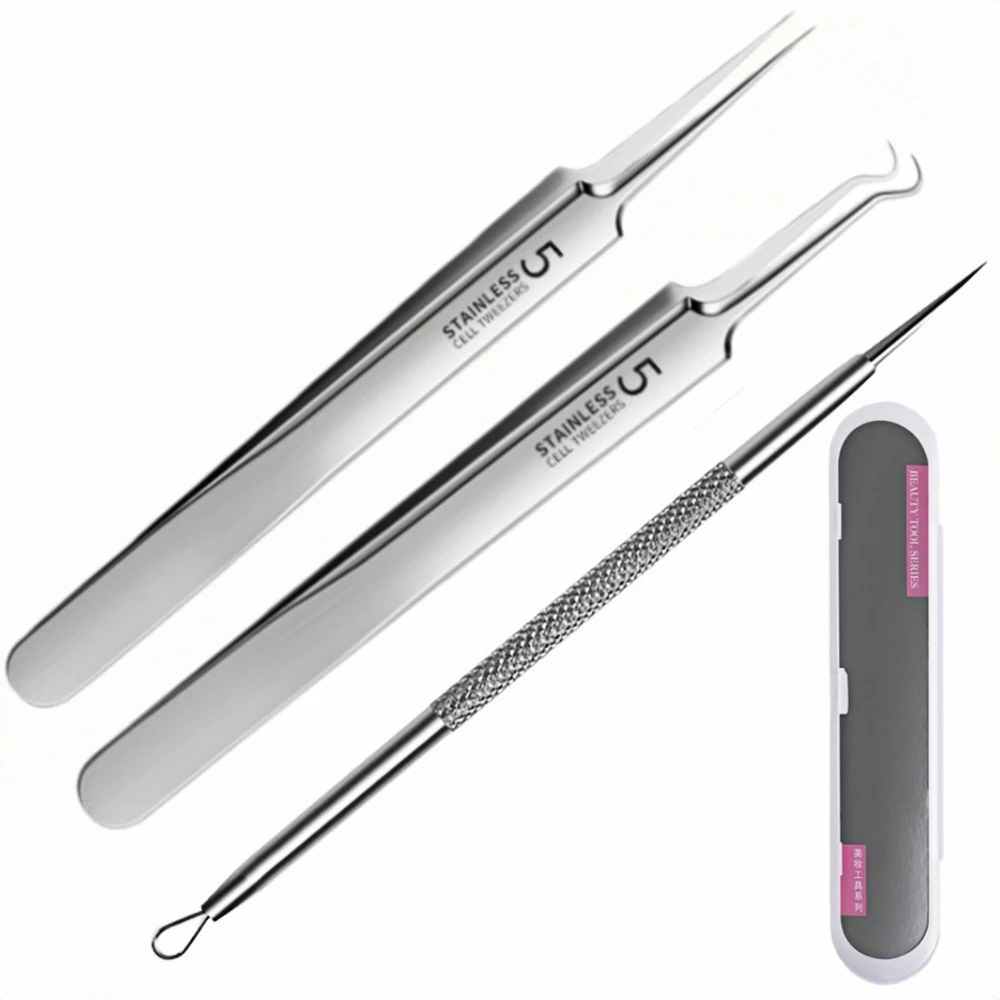 3 قطع/مجموعة ملاقط لإزالة الرؤوس السوداء، ملاقط مزيل البثور، إبرة حب الشباب بمشبك الخلية، أداة مكياج منظف عميق من الفولاذ المقاوم للصدأ #1