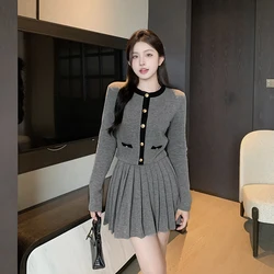 Women's Street Style Buttoned Round Neck Jacket Pleated Pleated Skirt Set Two Piece Spring New Style YL23565LL