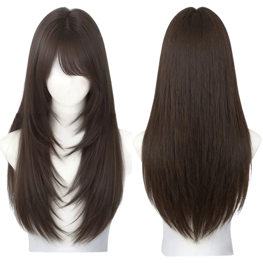 Brown Black Long Straight Layered Synthetic Wigs With Bangs For Women Natural Looking Heat Resistant Hair Daily Cosplay Party