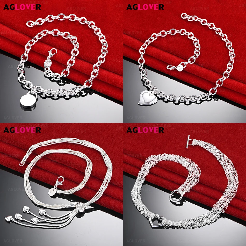 

AGLOVER 925 Sterling Silver Double Heart Tag Thick Chain Link Chain Necklace Gift Accessories Party Jewelry Wedding