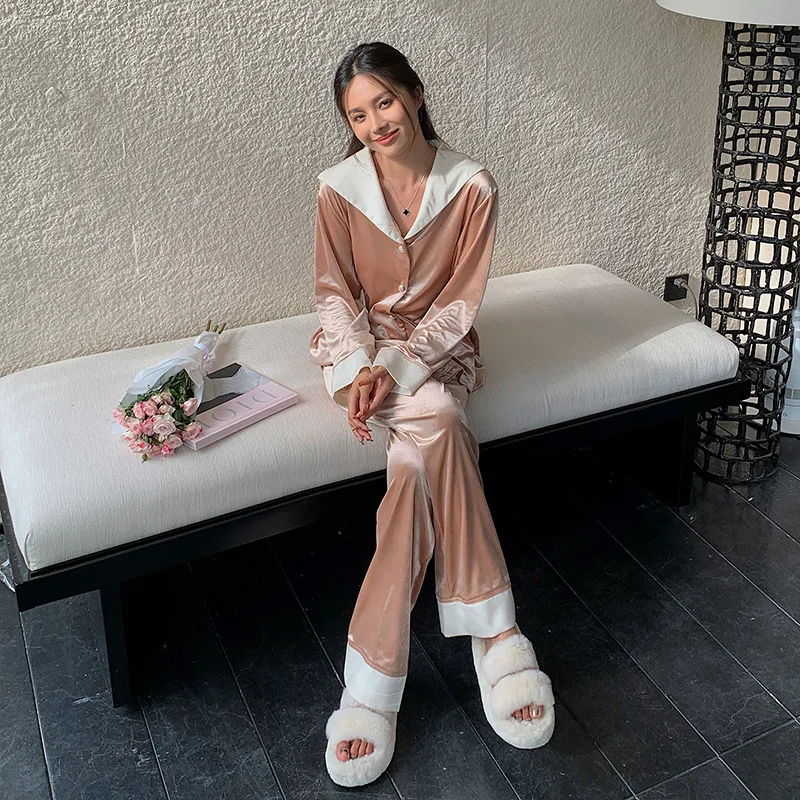 Luxury Coffee Velour Pajamas Set for Female Autumn Winter New Sleepwear Casual Home Clothes Button Down&pants Loose Nightwear